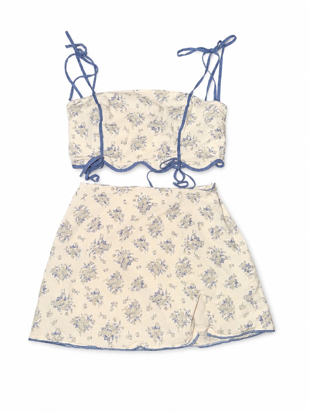 Mable Floral Two-Piece Tie-Shoulder Dress Set in Cream and Blue